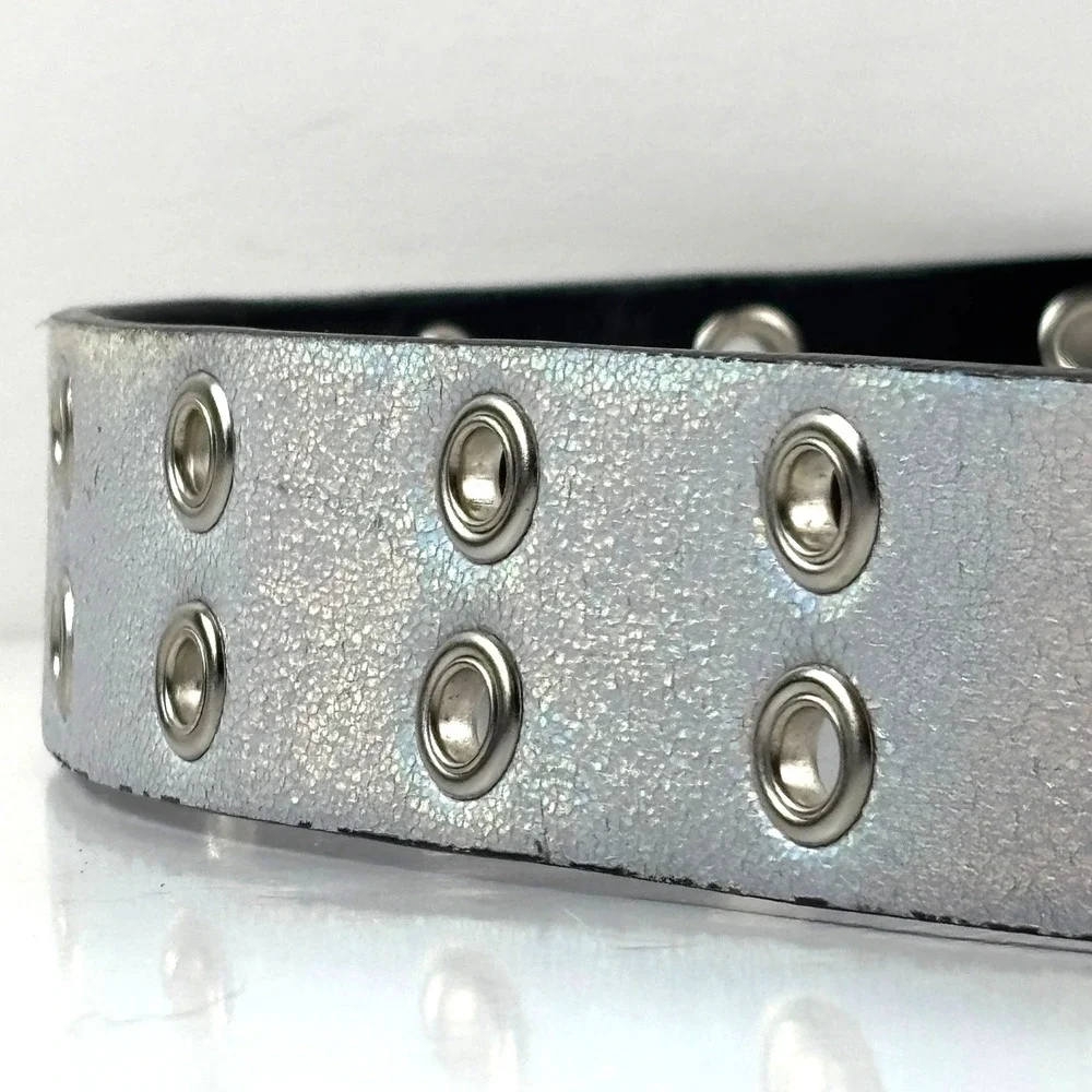 Reversible Holographic Silver Grommet Belt Unisex Large Black 2-Row Y2k Grunge